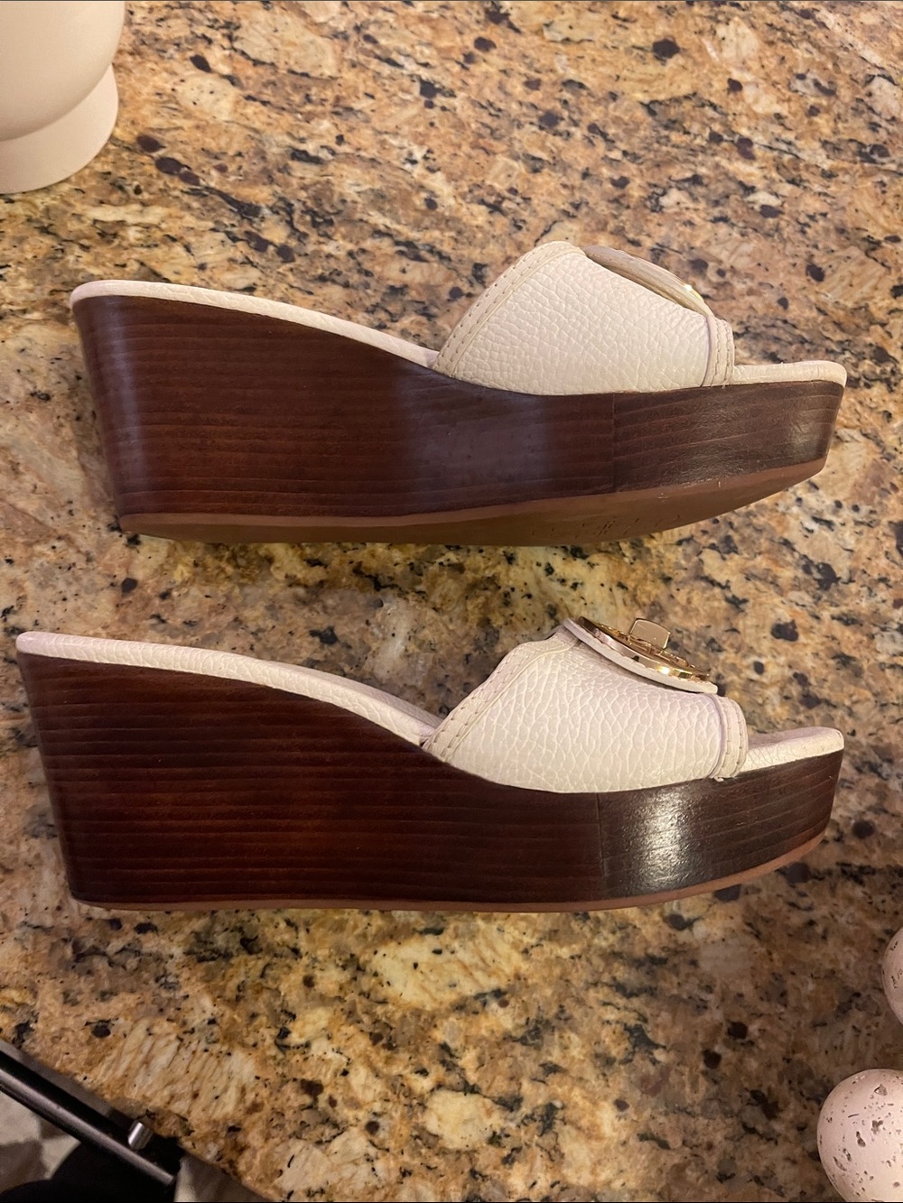 Tory Burch White Leather Slide Mules with Gold Logo Medallions - Picture 2 of 7
